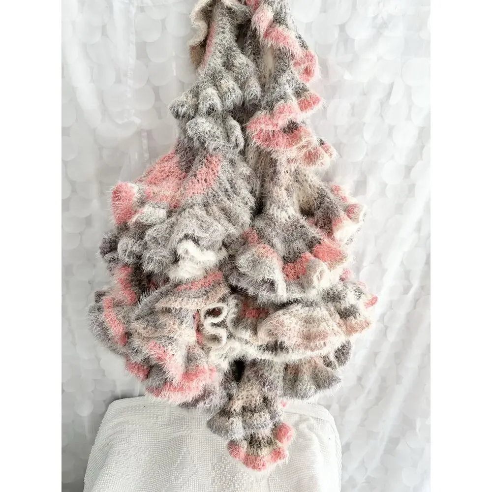 Hand Made LONG Curly Crochet CORKSCREW Throw Blanket FUZZY Grey Beige Pink